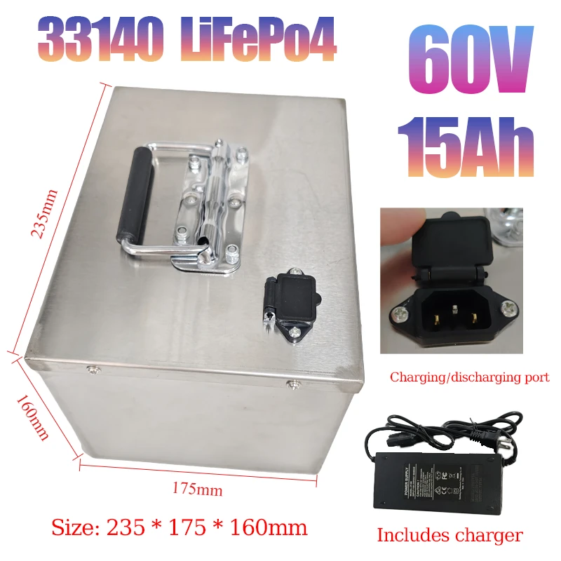 60 В 15 Ач LIFEPO4 Аккумуляторный блок 33140 с аккумуляторным блоком BMS из нержавеющей стали для электрического мотоцикла 600-1000 Вт