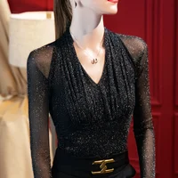 Women Spring Autumn Style Mesh Blouses Shirts Lady Sexy Long See Through Sleeve V-Neck Patchwork Blusas Tops WY1002 - Image 2