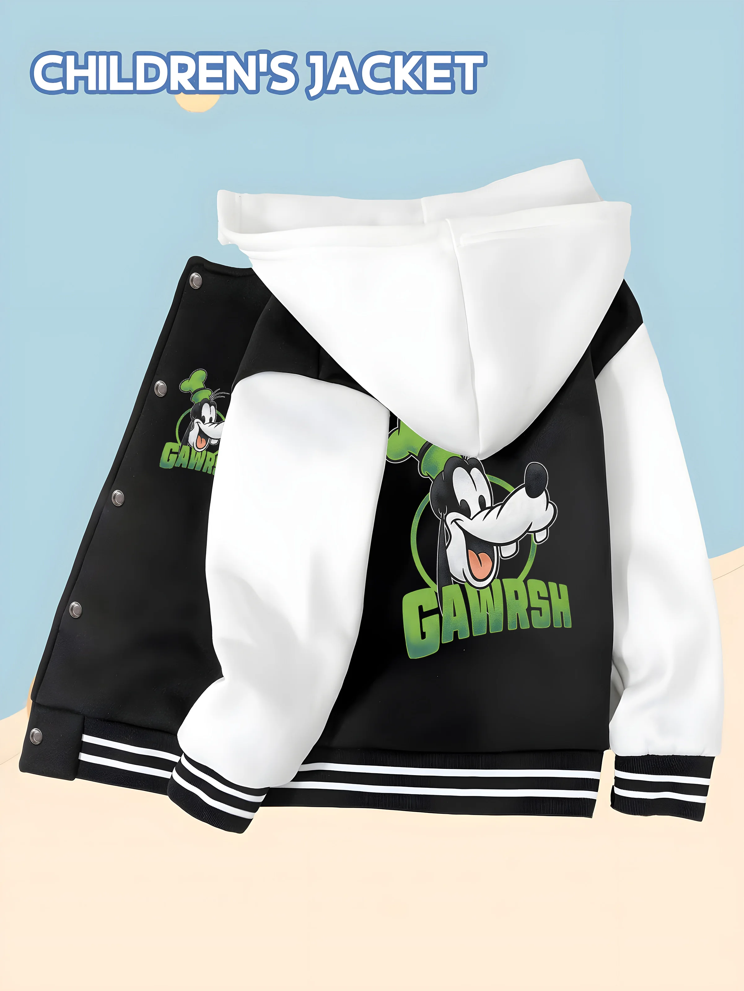 

MINISO Disney Goofy Chef Themed Baseball Boys Jacket - Double-sided Goofy print, soft fabric, comfortable, trendy and cute