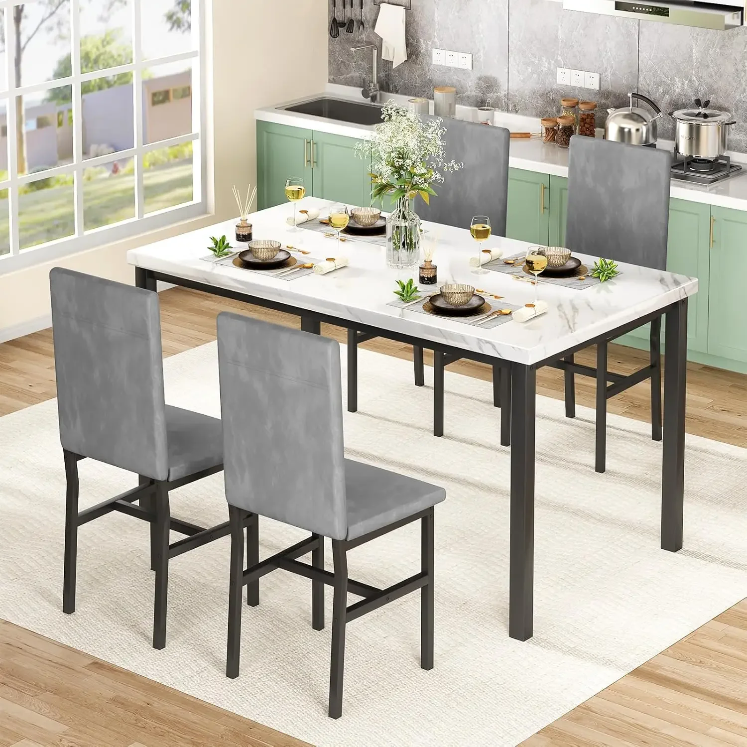 Dining Table Set for 4, Modern Kitchen Table and Chairs Set of 4, Space Saving 5 Piece Dining Room Table Set with Faux Marble To