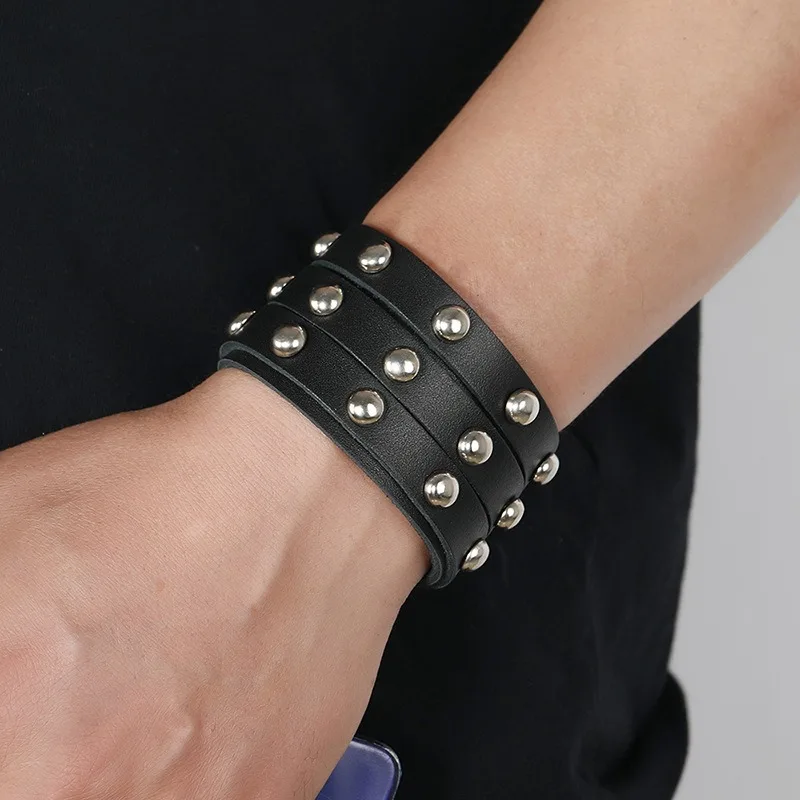 Men's Genuine Leather Cuff Punk Metal Rock Bracelets for Men Women, Metal Beads Bracelets Wristbands Adjustable Wrap