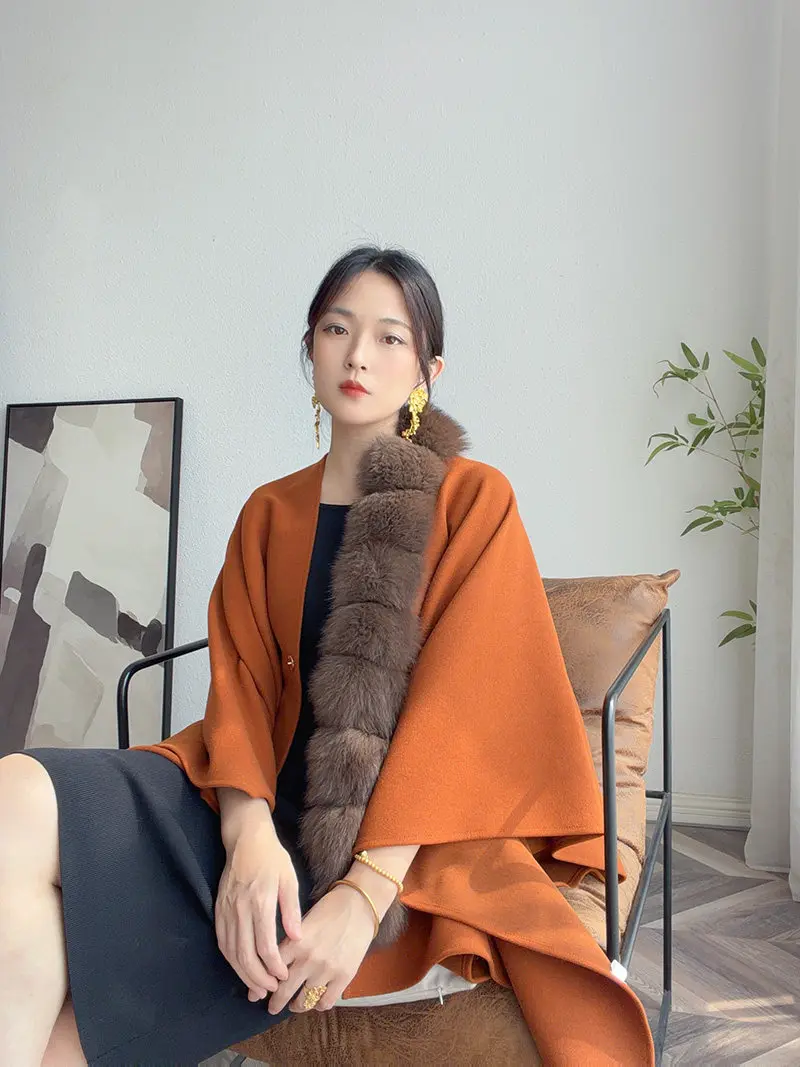 Autumn Winter New Wool Ladies Oversized Real Fox Fur Collar Wrap Coat Loose  Outerwear Fashionable