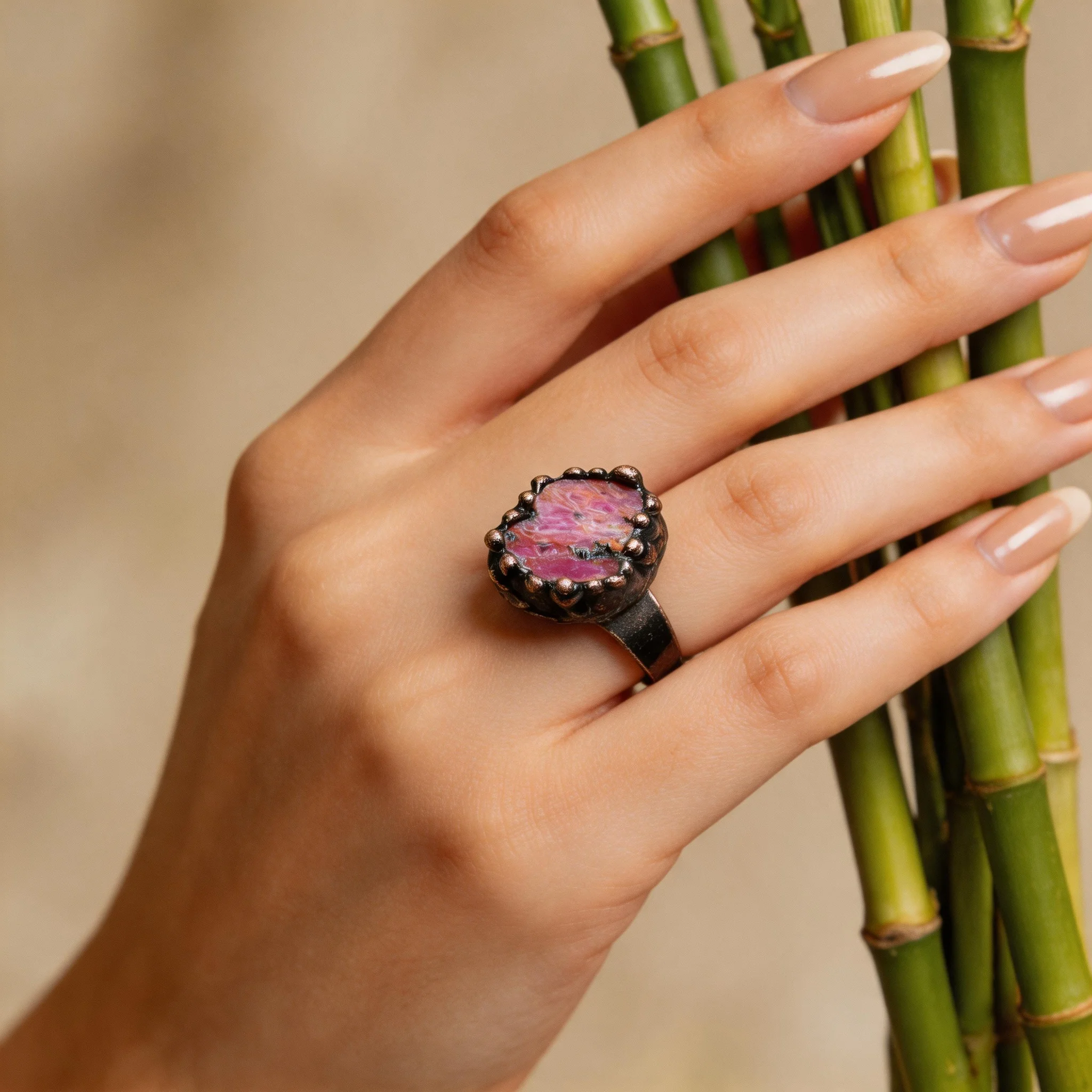 Natural Raw Pink Purple Stone Ring Adjustable Band Irregular Rough Gemstone Antique Bronze Solder Wrap Boho Healing Jewelry