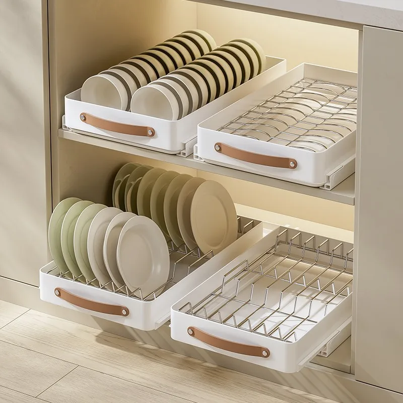 Kitchen Bowl Dish Organizer Built-In Rack Drawer Organizer Sink Draining Drying Stand Single-Layer Kitchen Storage Bowl Shelf