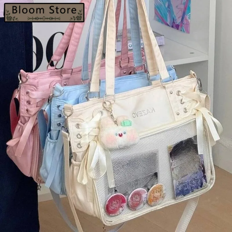 

Japanese Y2k Casual Women's Handbags Students Transparent Bandage Bow Ita Bag Fashion Trendy All Match Shoulder Crossbody Bags