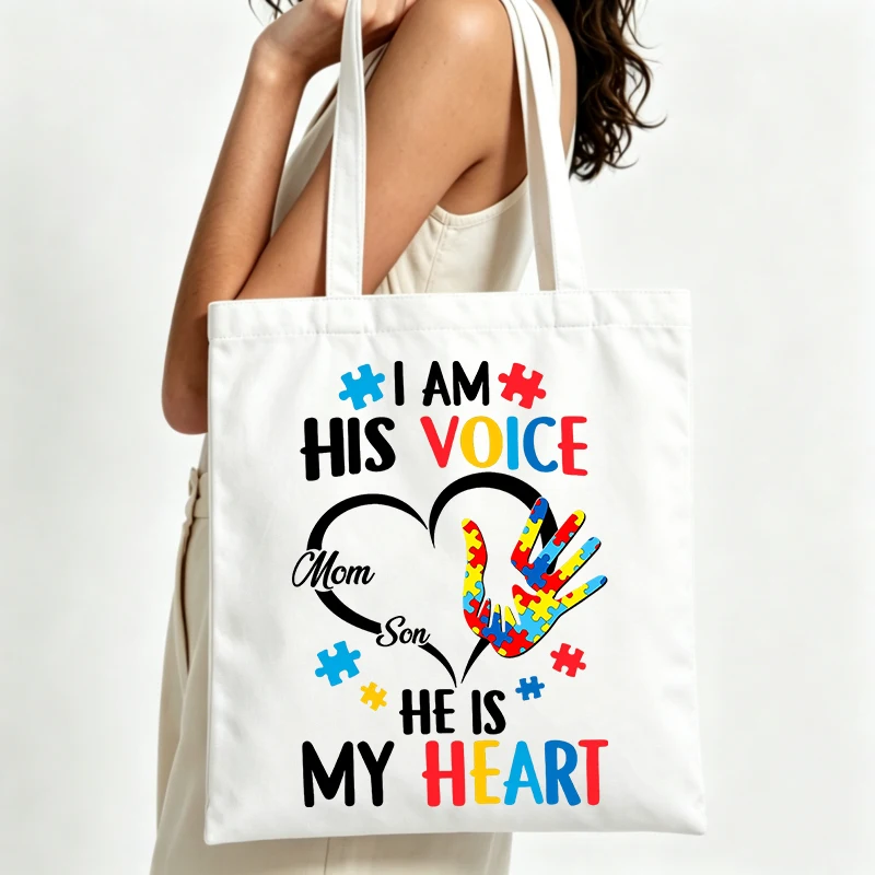 autism awareness handprint and heart graphic canvas tote bag, casual daily shopping and advocacy outings