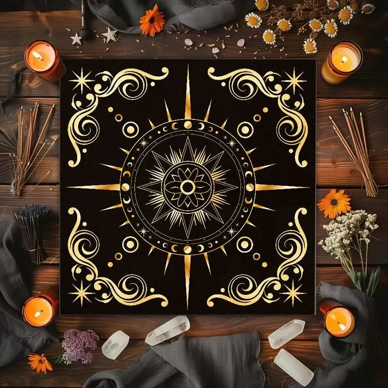 VIKAMA Statue of Sun and Moon Goddess, Golden Sun and Moon Phase Altar Cloth Tarot Card Tablecloth Wicka Divination Decoration