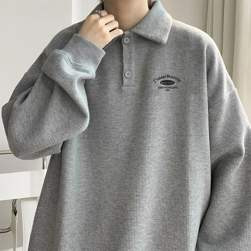 Men Spring Autumn Loose Fitting Ins Trendy Gray Minimalist Long Sleeved Polo Shirt American Retro Pullover Collared Sweatshirt