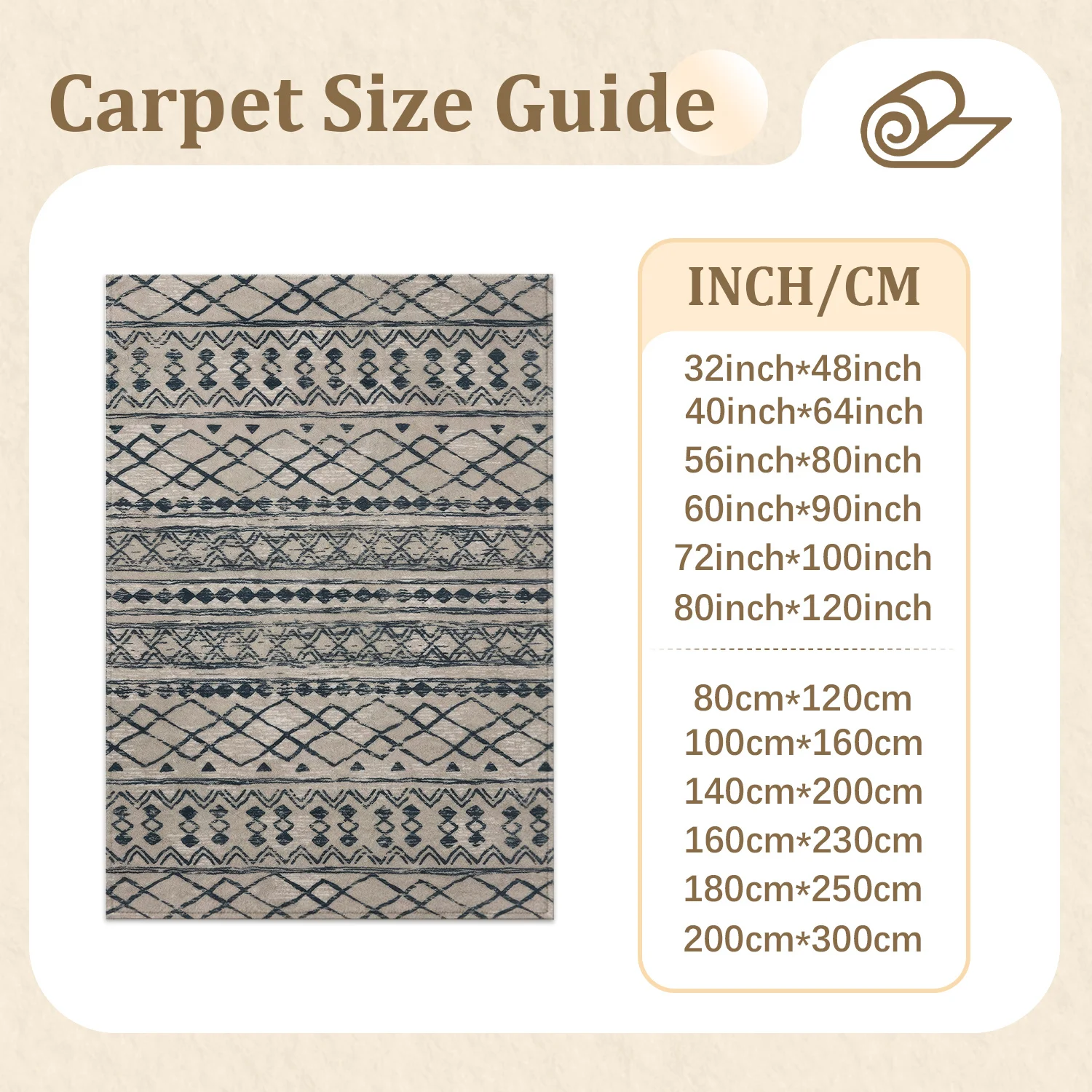 Large Indoor Area Rug, Soft Velvet Low Pile with Non-slip Dotted Backing, Machine Washable Bohemian Tribal Geometric Beige Dark Blue Rug for Living Room, Bedroom, Entryway, Neutral Modern Home Floor Decor