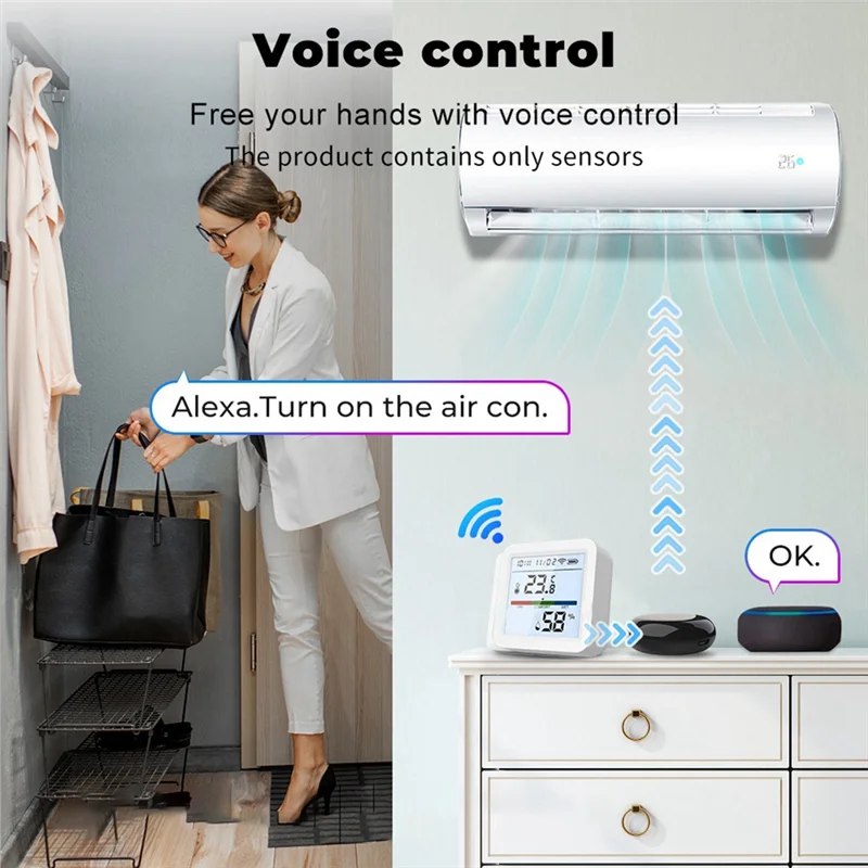 AD41-Wifi مستشعر درجة الحرارة والرطوبة شاشة الإضاءة الخلفية App التحكم في درجة الحرارة مستشعر إنذار مع وظيفة الساعة لـ