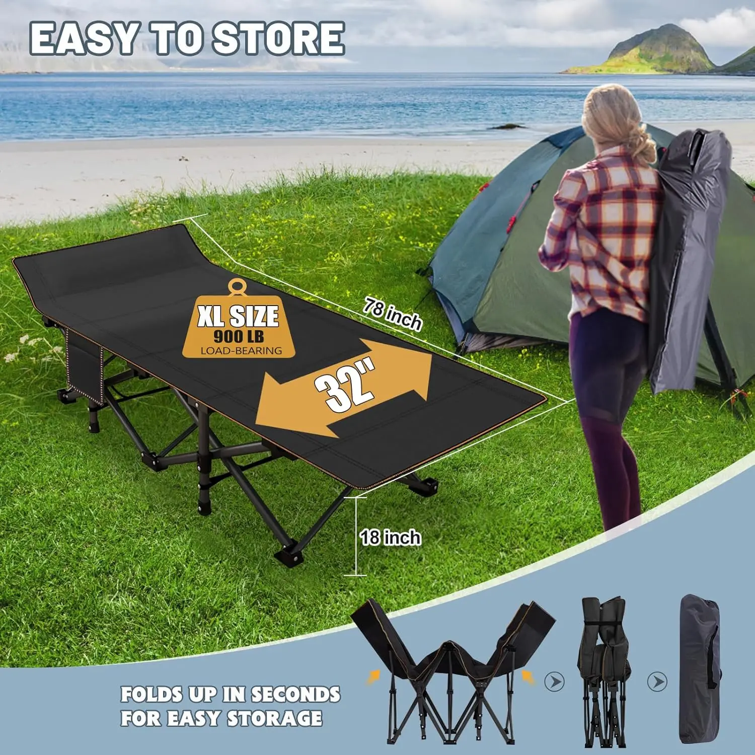 XXL Folding Camping Bed, Adult Folding Camping Bed, Portable Outdoor Folding Bed