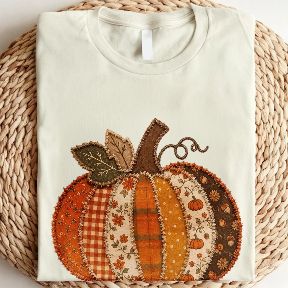 Patchwork Pumpkin Women Tshirt Cottagecore Fall Quilted Pumpkin Graphic Tee Patchwork Fall Pumpkin Cotton Unisex Tee Vintage Tee