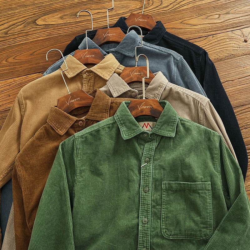 Heavy Thick High Pit Thick Strip Retro Corduroy Long sleeve Shirt Men's Autumn Cotton Cargo Shirts Outerwear