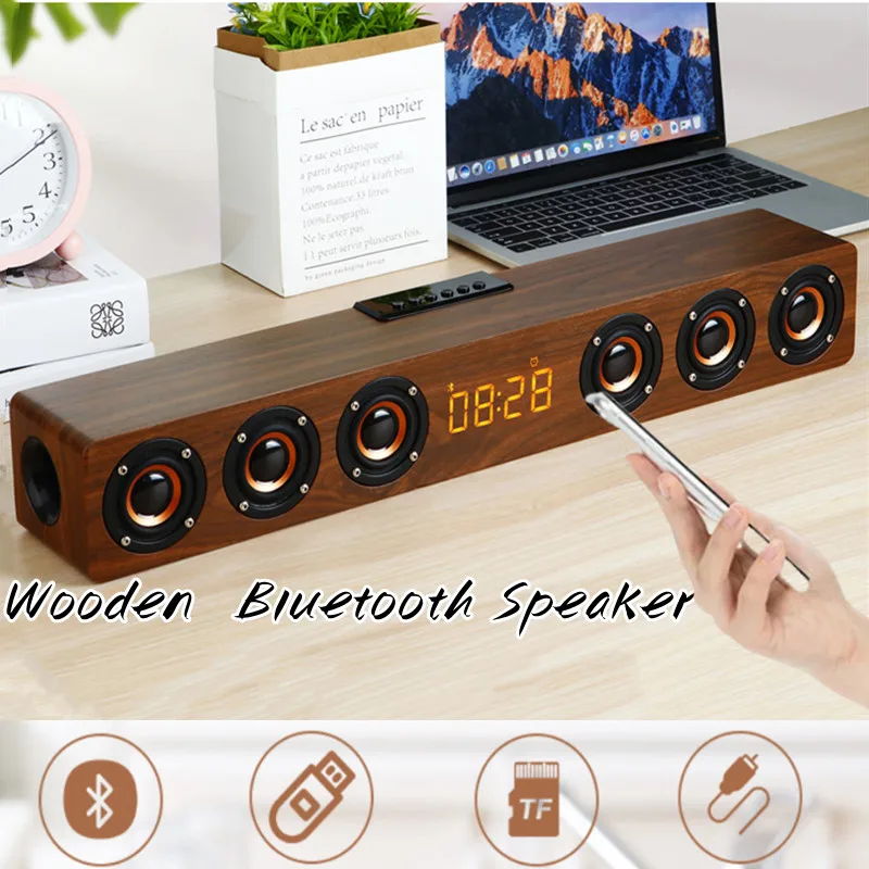 Alarm Clock Multi-function Wooden Wireless Bluetooth Speaker Subwoofer TV Soundbar Home Theater Column for Computer Speakers FM