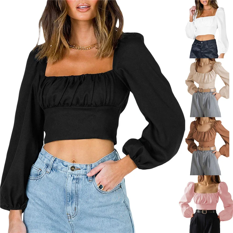 

Women\u2019s Ruched Bust Crop Tops, Long Lantern Sleeve Square Neck Slim Fit T-Shirts Blouse