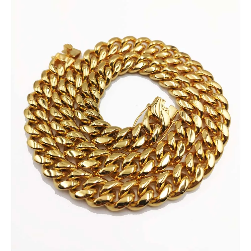 Hip hop 14mm Stainless Steel Curb Cuban Mens Chain Necklace Boys Miami Chain Dragon Clasp Lock Men Women 18k Gold Plated Jewelry