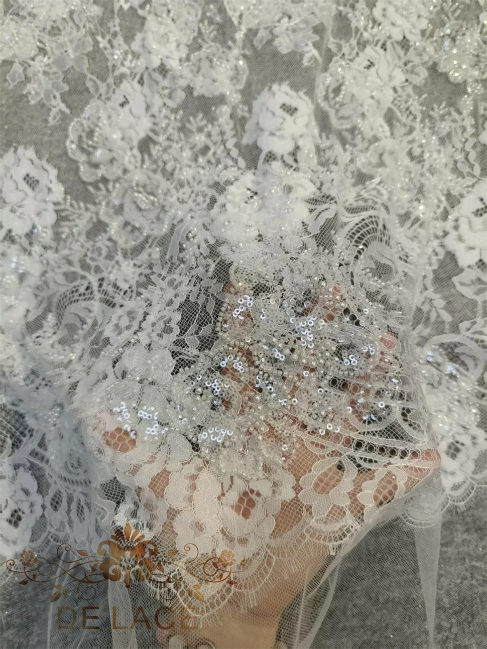 Delicate Floral Embroidered Eyalash Lace With Shining Sequins and Heavy Beaded Wedding Dress Gorgeous Lace Fabric