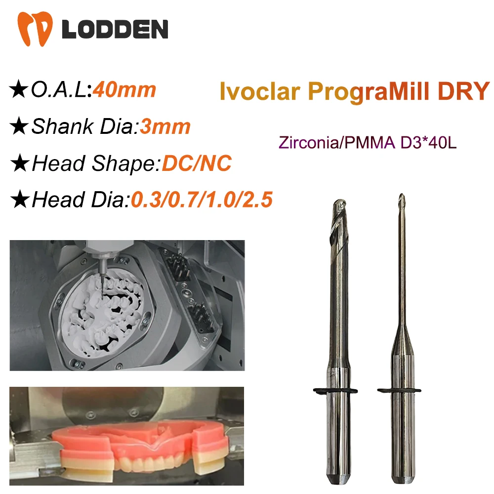 Ivoclar PrograMill DRY Dental Milling Burs Grinding Zirconia/PMMA D3 Shank DC/NC Coating 40MM Length 2.5/1.0/0.7/0.3MM Cutter