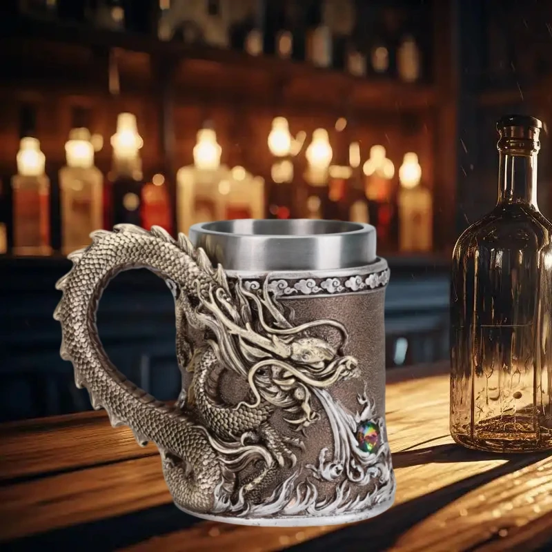 

600ML Golden Dragon Beer Resin Tankard 304 Stainless Steel Medieval Tea Cup Coffee Beer Mug Copper Color New Party Bar