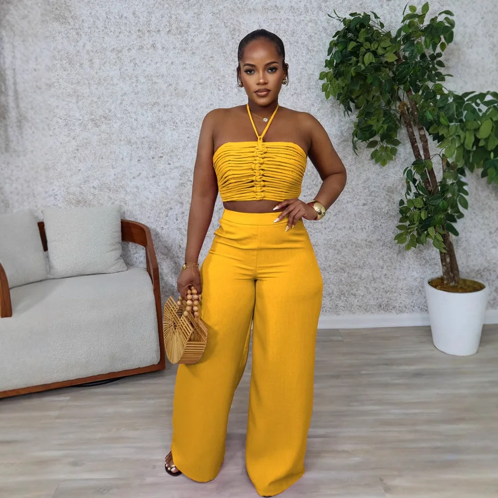 ชุดเซ็ตสตรีมีเชือกผูกและเสื้อมีเชือก เอวสูง ซิปข้าง กางเกงทรงหลวม ชุดสองชิ้น