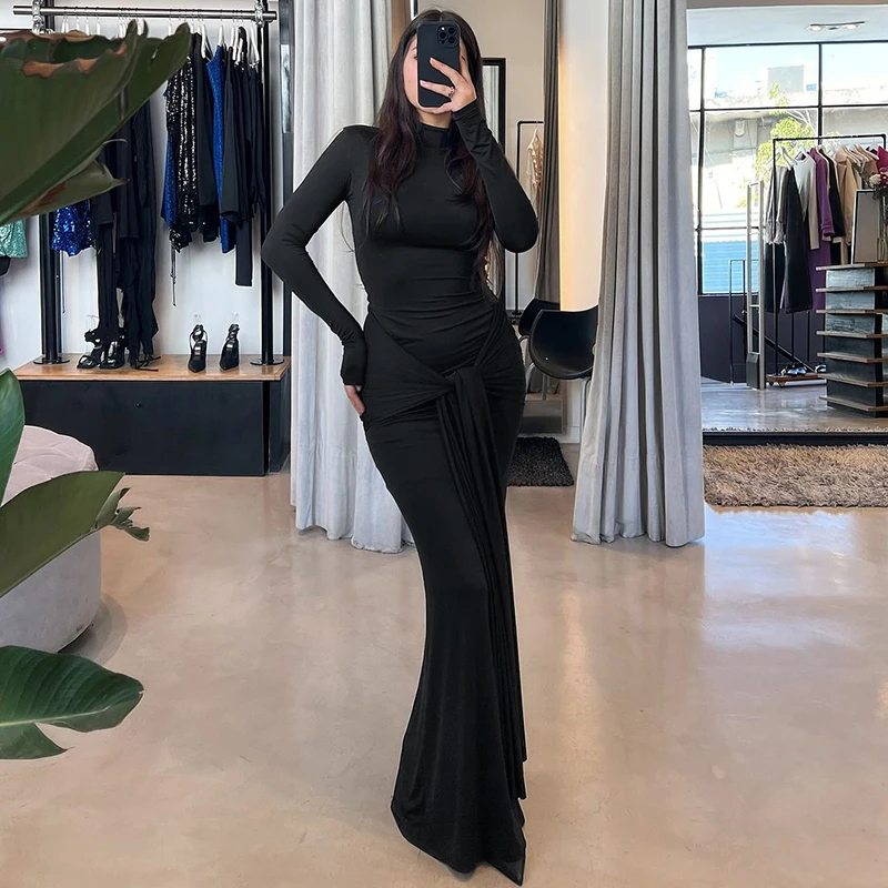 Women Dresses Autumn Winter New Black Sexy Maxi Dresses Streetwear Fashion Long Sleeves Turtleneck Elegant Female Folds Dresses