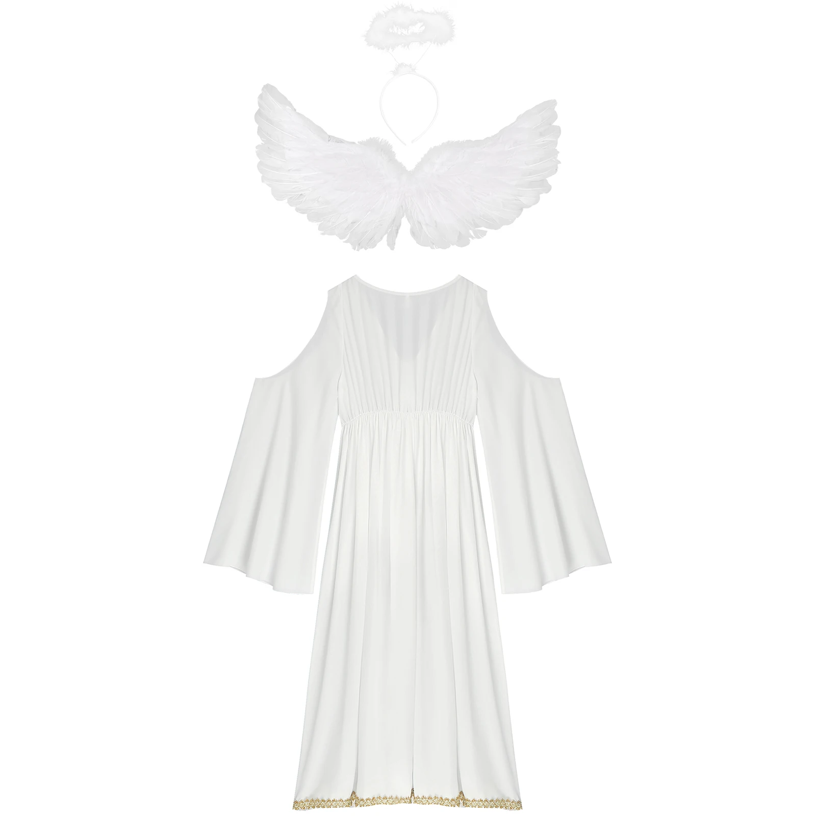 Womens Angel Dress Cosplay Dress Up Costume Flare Sleeve Flowy Dress+Headband+Feather Wings Set Halloween Party Performance Set