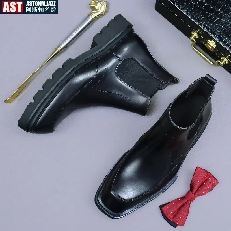 2024 Brand Leather Men Chelsea Boots Designer Italy Dress Boots Men Fashion Casual Platform Business Ankle Boots Big Size 46