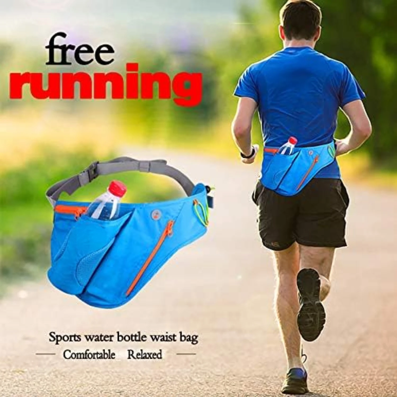 

Waterproof Running Waist Pack for Men Women with Reflective Tabs and Water Bottle Holder, Blue Fanny Bag for Running