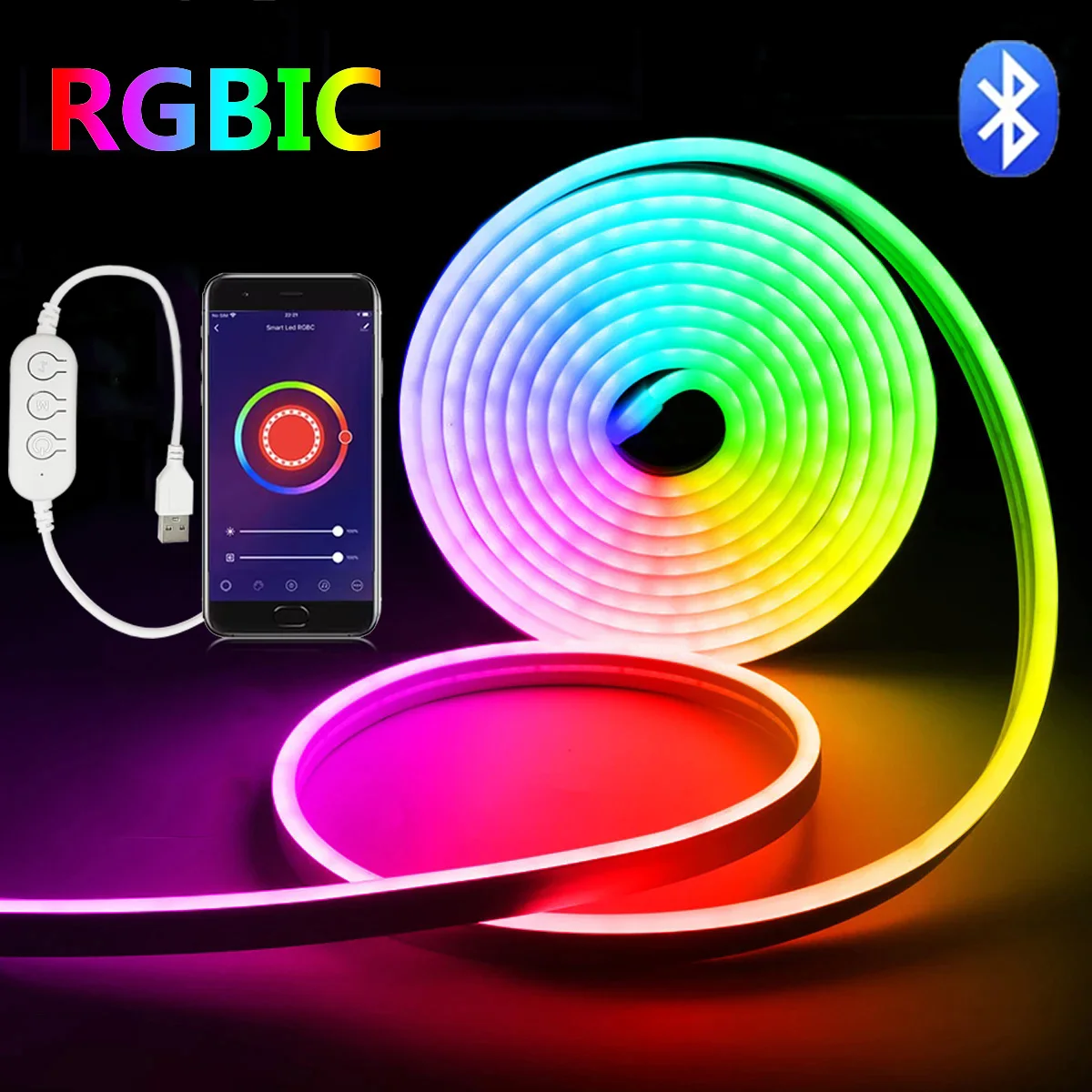 DC5V RGBIC Neon LED Strip Light Bluetooth App Music Sync Waterproof Flexible Neon Strip Light for TV Home Outdoor Decor Lighting