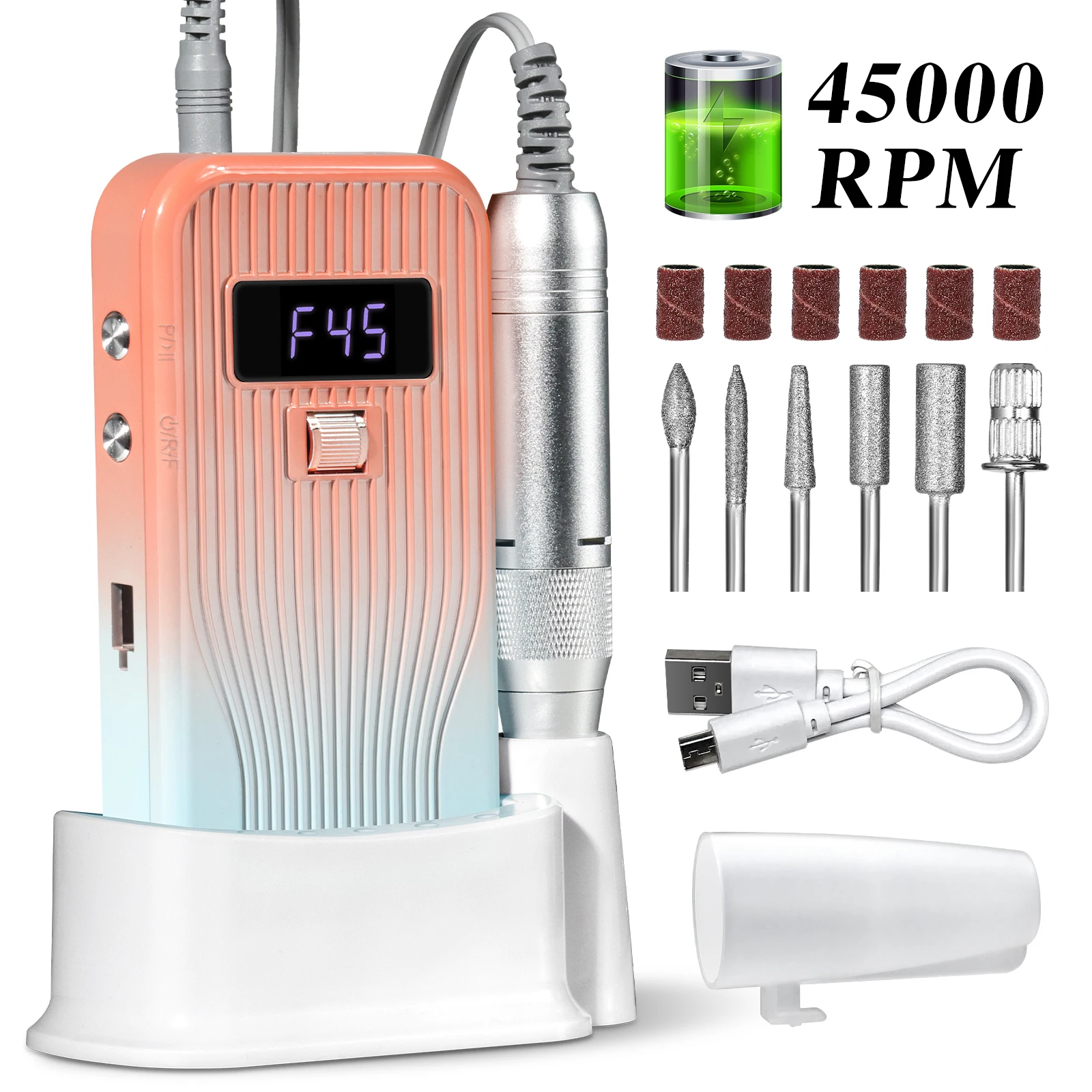 Professional 45000RPM Electric Nail Drill Machine Rechargeable Low Noise Nail File Polisher for Gel Nails Polishing Salon Tool