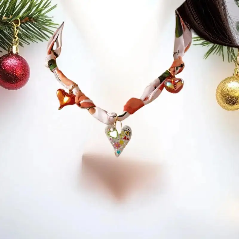 Vintage Floral Satin Bandana Scarf Necklace with Heart Bow & Cherry Charms Bohemian Fashion Accessory for Women
