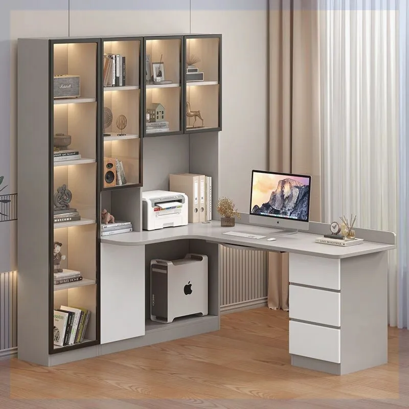 Desk with cabinet Solid wood corner computer desk Desk bookshelf combination Desktop writing integrated bookcase