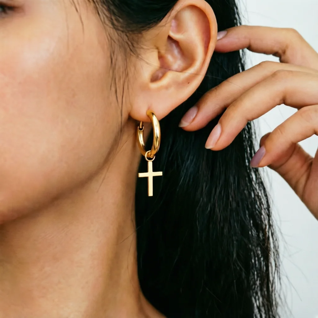 Cross Dangle Earrings 13mm Outer 10mm Inner Circle Design Minimalist Stainless Steel Ear Jewelry Gold/Steel Tone Available