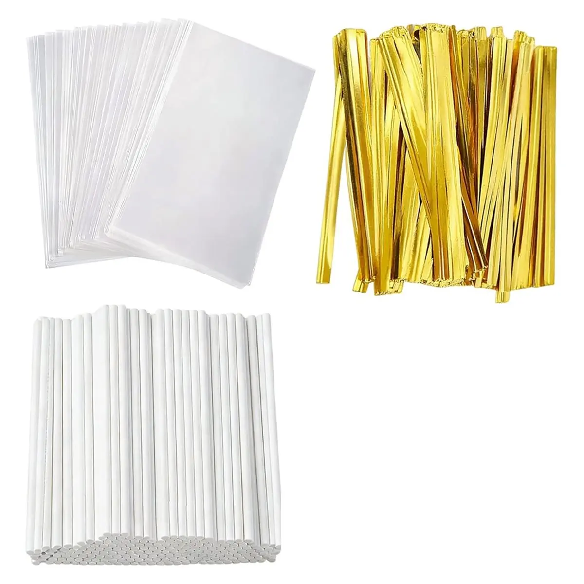 HAPPY EVER 600 Pcs Cake- Sticks and Wrappers Kit, Clear Candy Chocolate Packaging Bag Set for Baking and Party Sweets