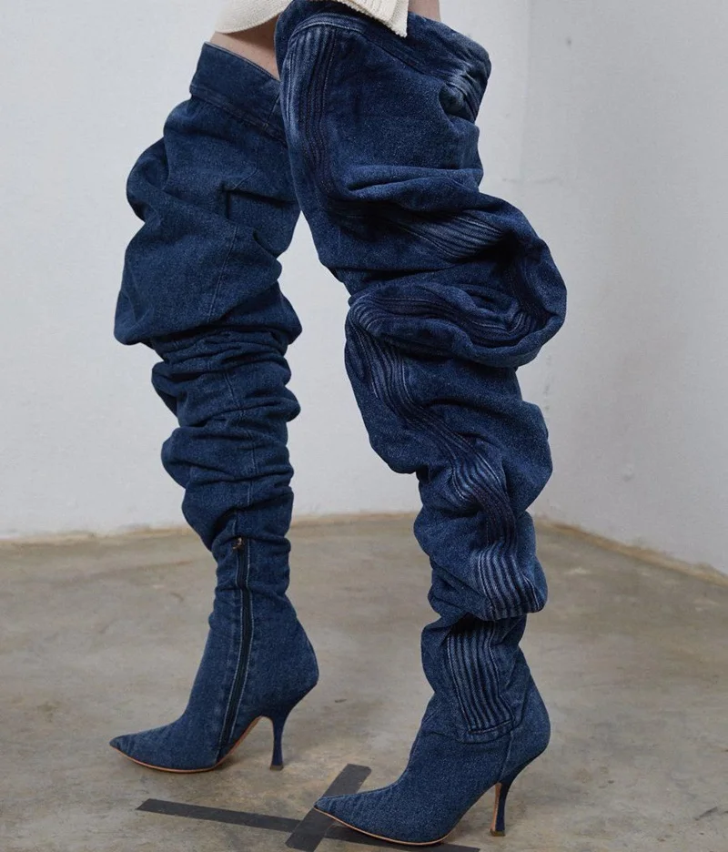 

Sexy Slouch Jeans Over The Knee Boots Poined Toe Side Zipper Pleated Thigh High Boots Blue Denim Women Runway Shoes Size42