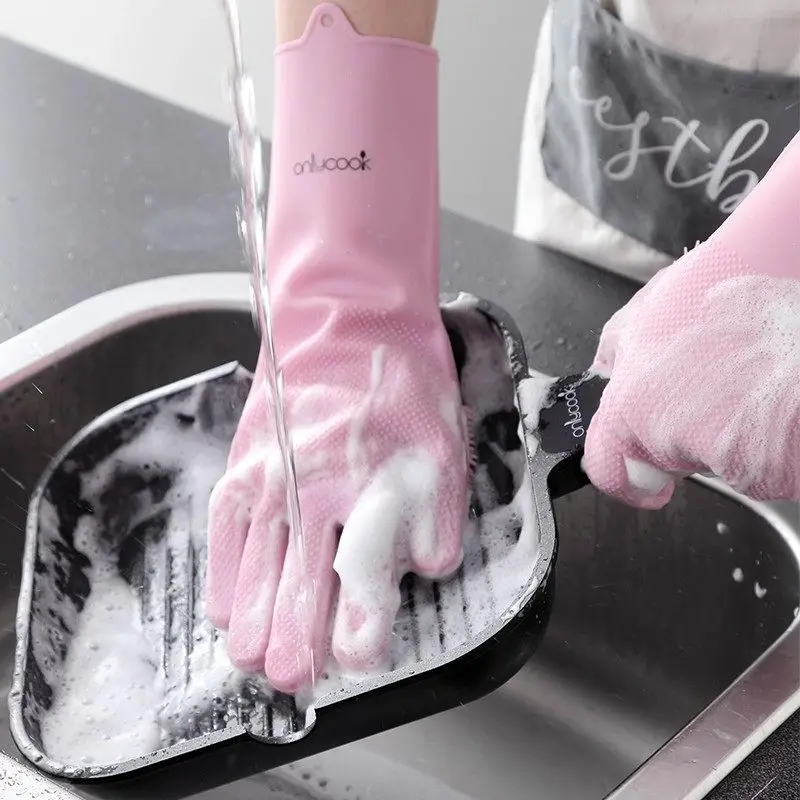 Thickened silicone dishwashing gloves, kitchen household waterproof hand guards, dishwashing artifacts