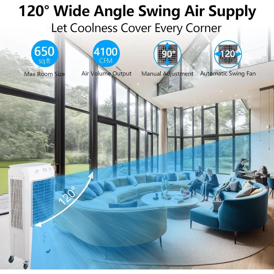 مبرد هواء تبخيري سعة 15.8 جالونًا مع 4100CFM عالي الكفاءة و4 عبوات ثلج و3 سرعات وأوضاع تبريد قابلة للتعديل 3IN1 Sol