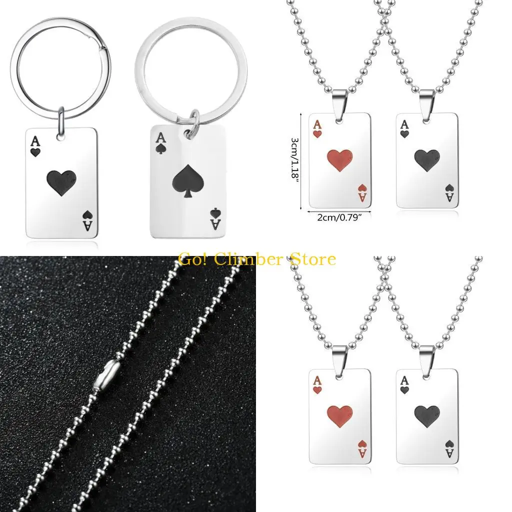 

Q84C Stainless Steel Punk Rock Poker Card Ace Pendant Necklace Keychain for Men Boyfriend