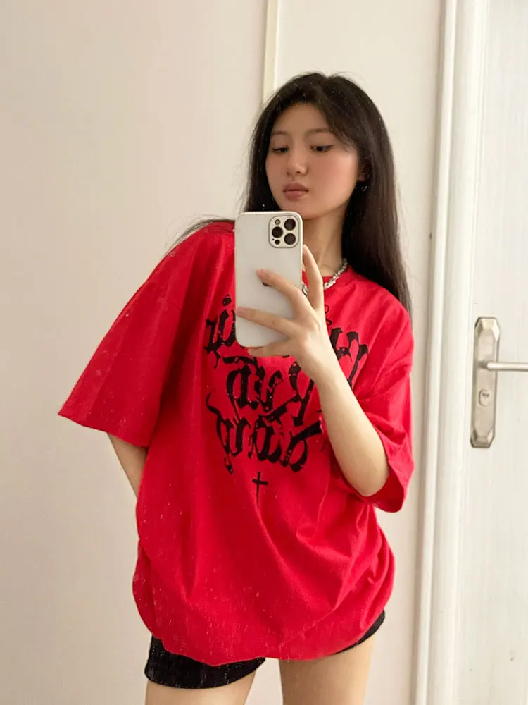 ADAgirl Red Harajuku Short Sleeve T-shirt Women Vintage Oversized Streetwear 90s Y2k Tees Loose Casual Top Kpop Hippie Clothes