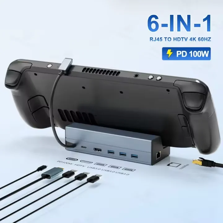 Steam Deck Dock 6 in 1 Steam Deck/Rog Ally 2023 Docking Station Stand  3*USB 3.0 HDTV 4K@60Hz Gigabit Ethernet PD 100W Hub