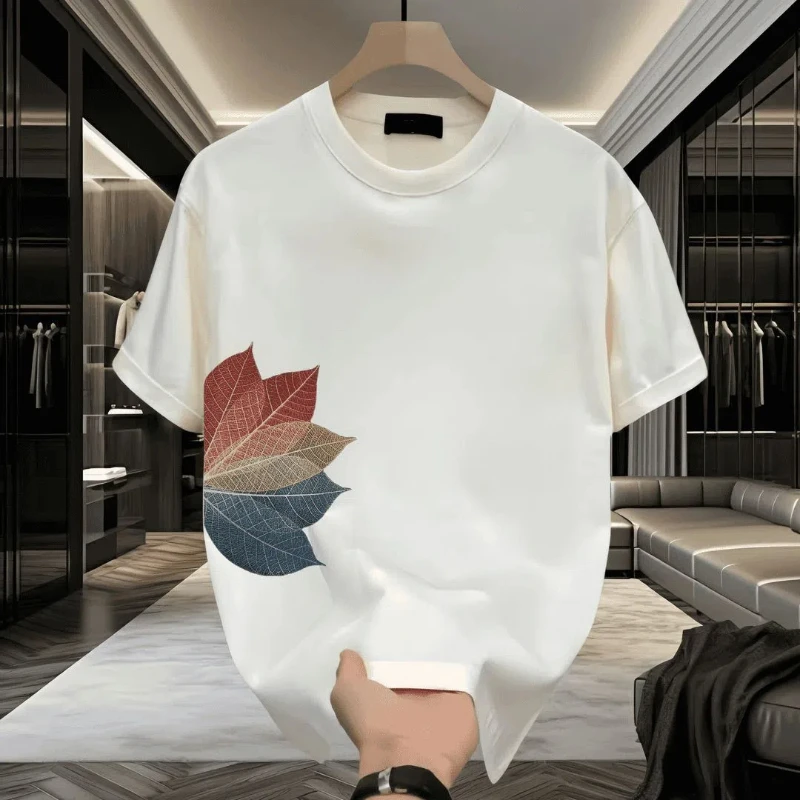 Leaf Printed Short-sleeved T-shirt Men's Summer Loose Round Neck New Casual Versatile Top JJ22