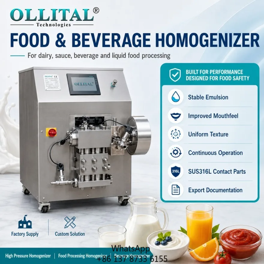 Ollital High Pressure Homogenizer For Coconut Oat Soy Beverage Dispersion And Plant Protein Formula Development