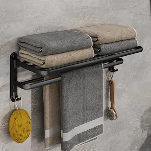 Preto fosco 50CM Folding Suporte Com Gancho Toalha Suporte Wall Mount AluminumTowel Rack 6 principais vendas porta toalhitas portátil - №1