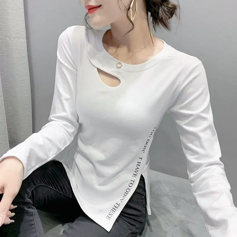 

Casual Split Hem Slim T Shirts Spring Autumn New Long Sleeve O-neck Letter Printing Hollow Tops Fashion Vintage Women Clothing