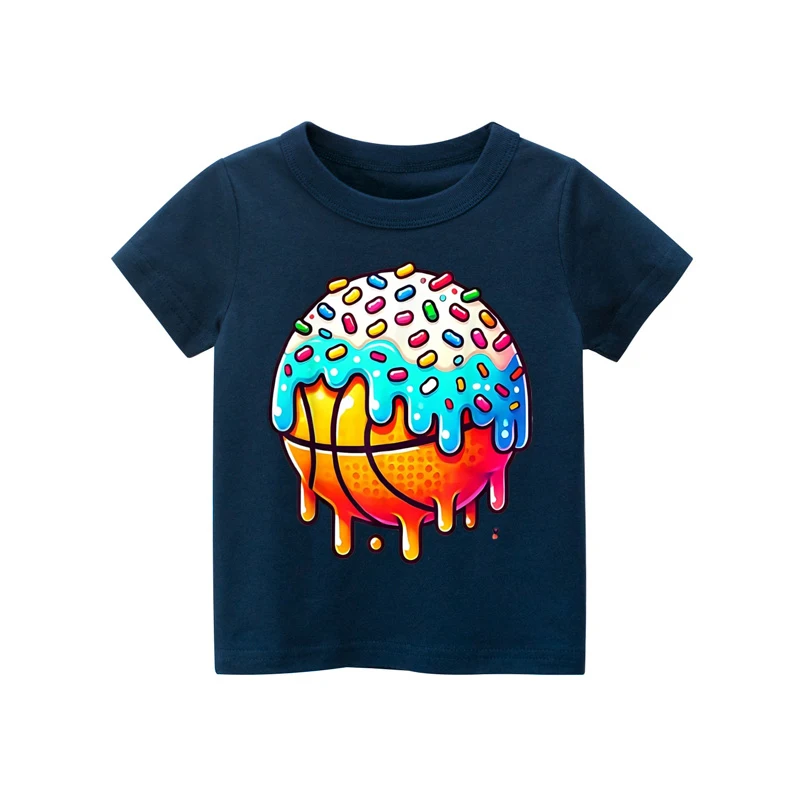 

Kids Ice Cream And Basketball Pattern Short-sleeved T-shirt Casual Cotton Tshirts For Boys Girls Kid's Daily Tee Shirt Clothes
