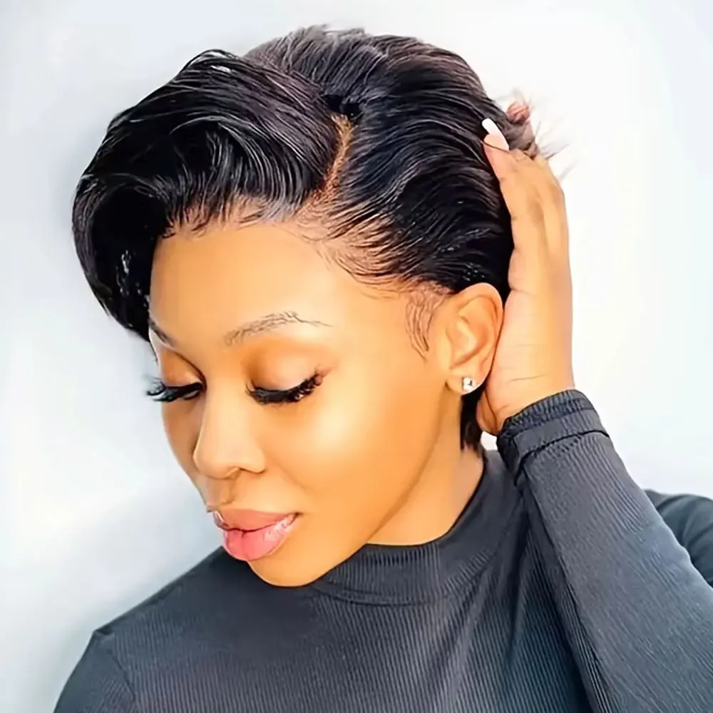 

Короткий парик из натуральных волос для женщин, фронтал 13x4, плотность 150%, без клея, с челкой, с боковой разницей на расческе, многослойный парик