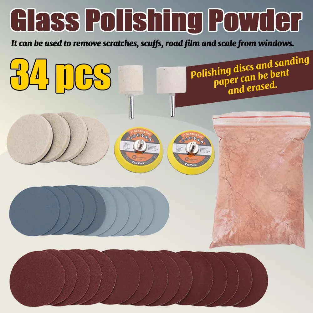 

Набор для полировки стекла, 34 предмета: полировальный порошок, прочные материалы для автомобильных стекол