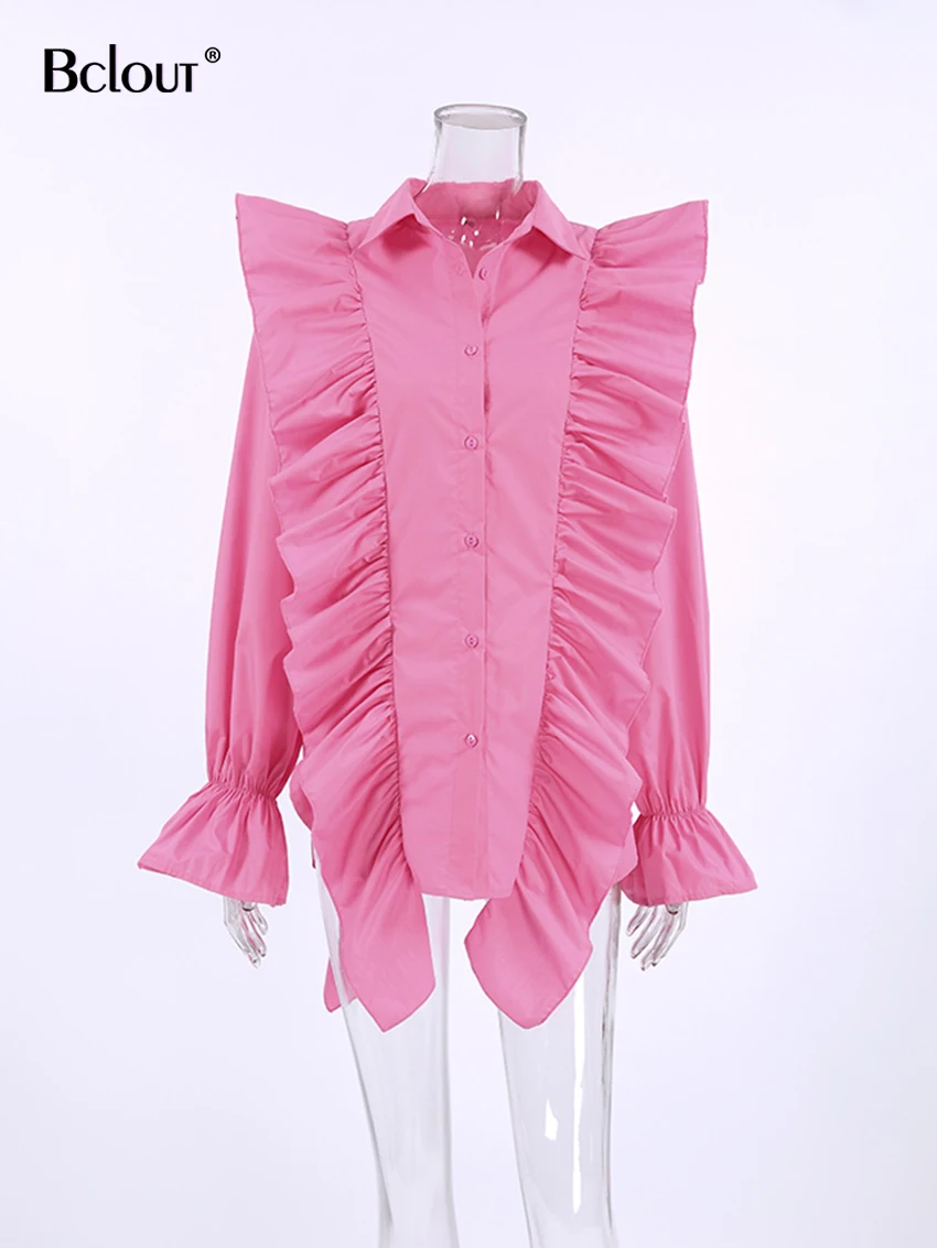 Bclout Fashion Pink Shirts Blouses For Women Chic Casual Blue Ruffled Long Sleeve Shirts 2024 Elegant Solid Loose Blouses Female