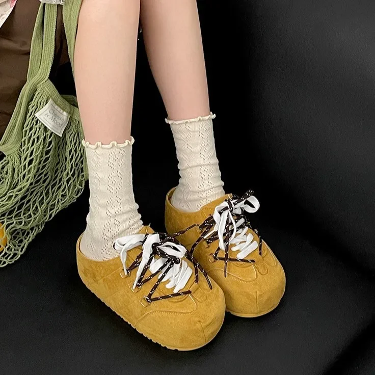

Cover Toe Female Shoes House Slippers Platform Slides Low 2025 Soft Flat Rome Lace-Up Fabric PU Rubber Casual Hoof Heels
