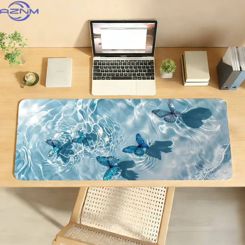 Blue Water Ripple Butterfly Print Extended Mousepad, Non-Slip Rubber Base Large Desk Mat, Smooth Surface for Gaming Office Deskt